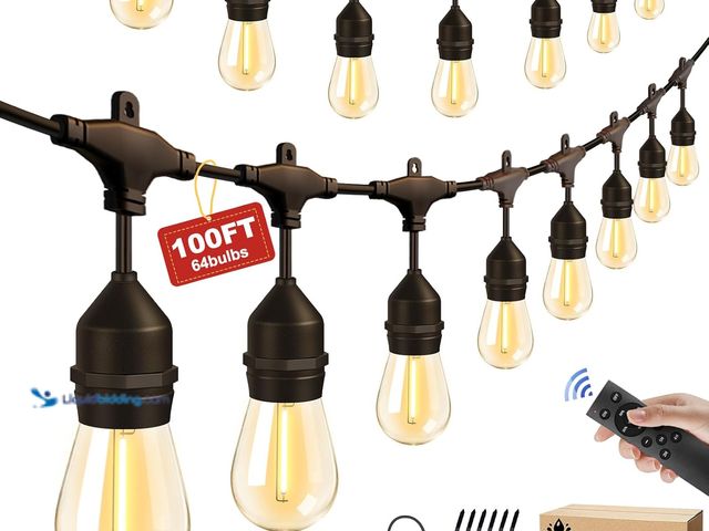 Lot 49-5437303 - 100FT Outdoor String Lights with 64+4 Bulbs (1.5FT Bulbs Spacing), Remote & Dimmer, Commercial Patio...