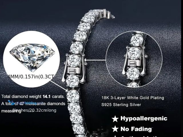 Lot 49-1817535 - 925 Silver Round Cut Moissanite Bracelet, Four-Prong D-Shape Glitter Tennis Bracelet, VVS1 Size 7 in...