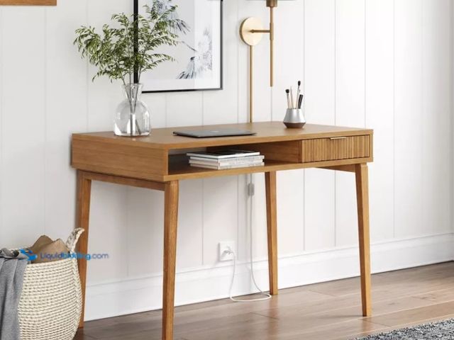 Lot 49-5538957 - Nathan James Boho Wood Fluted Desk with Drawer and Open Cubby Natural Brown: Veneer Surface, Wood Fr...