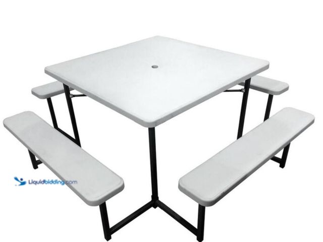 Lot 49-2000074 - 34" Square Plastic Picnic Table with (4) Benches and Umbrella Hole, White, Unknown model number, Sli...