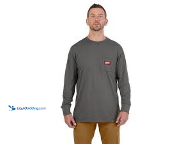 Lot 49-5485198 - QTY 2 - Milwaukee Men's Large Gray GRIDIRON Cotton/Polyester Long-Sleeve Pocket T-Shirt. Model # 606...
