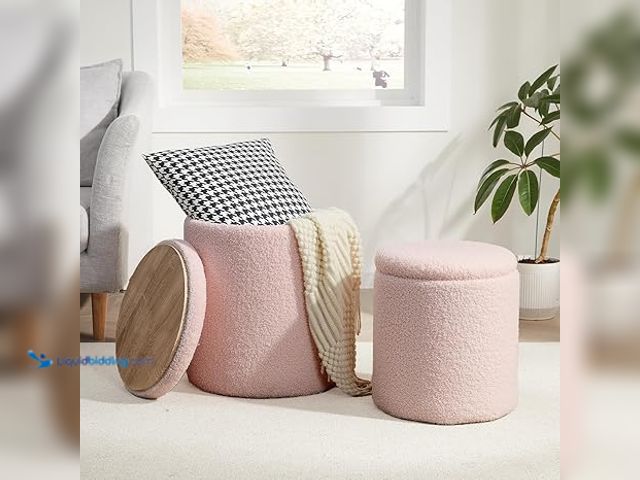 Lot 49-3527648 - Royal Windsor Boucle Round Ottoman with Storage Set of 2,Small Foot Stool Ottoman for Living Room, S...