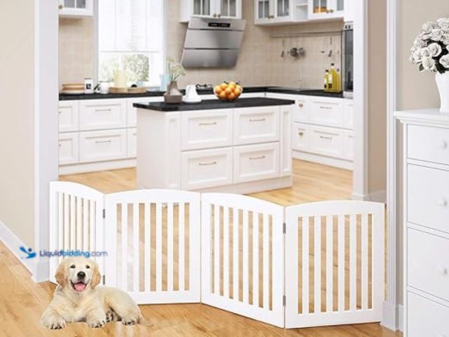 Lot 49-5448265 - PAWLAND Wooden Freestanding Foldable Pet Gate for Dogs, 24 inch 4 Panels Step Over Fence, Dog Gate f...