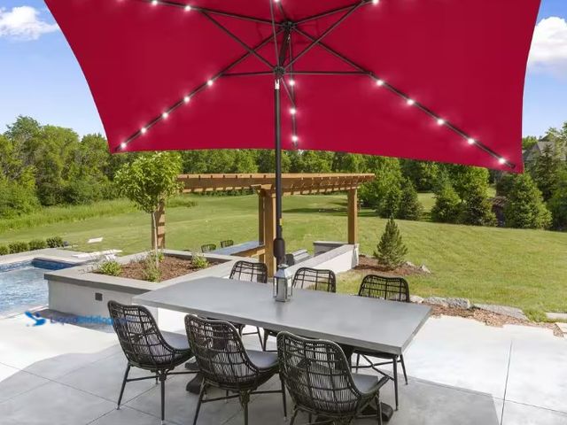 Lot 49-1515783 - Sonkuki Solar LED 10 ft. x 6.5 ft. Aluminum Patio Rectangle Market Umbrella in Red with Push-Button ...