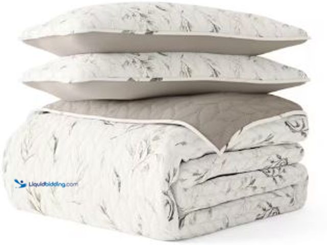 Lot 49-5436780 - Becky Cameron All Season 3-Pcs Latte Watercolor Leaves/Stripe Reversible Microfiber Quilt Set with S...