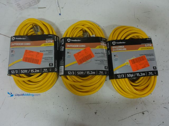 Lot 49-1632043 - Lot Of (3) Southwire 50 ft. 12/3 SJTW Hi-Visibility Outdoor Heavy-Duty Extension Cord with Power Lig...