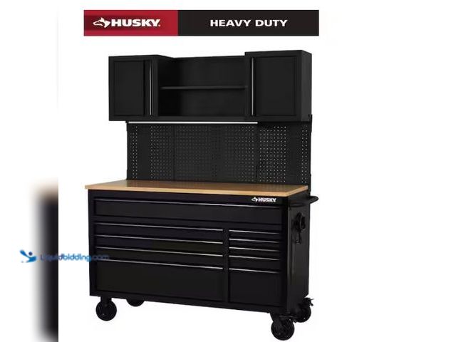Lot 49-5580804 - Husky
56 in. W x 27.6 in. D 10-Drawer Matte Black Heavy-Duty Mobile Workbench with Pegboard and Top...