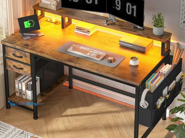 Lot 49-1555584 - EnHomee 40" Desk with Power Outlets and LED Lights, Computer Desk with Drawers, Gaming Desk with Mon...