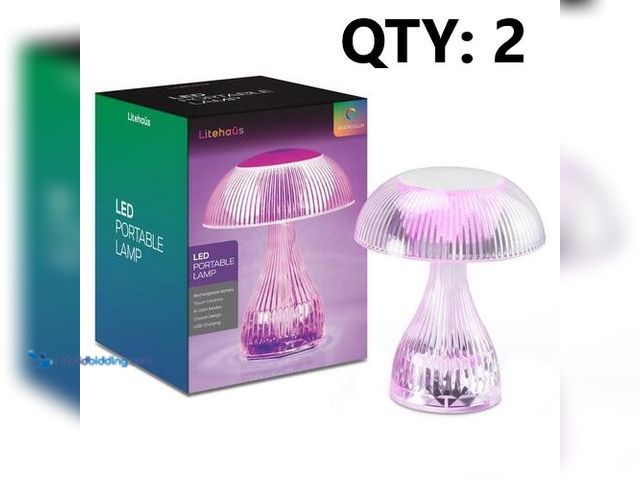 Lot 49-3616673 - Set of (2) Litehaus 7" Rechargeable RGB Night Light Bulb Mushroom Crystal Lamp with USB Charging Cab...