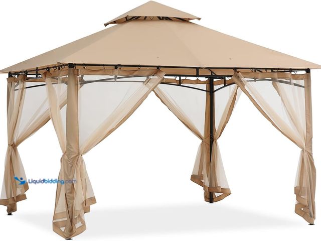 Lot 49-3463433 - 10x12 - Outdoor Steel Frame Gazebo with Mosquito Netting for Lawn Backyard Garden Deck (Beige) Model...