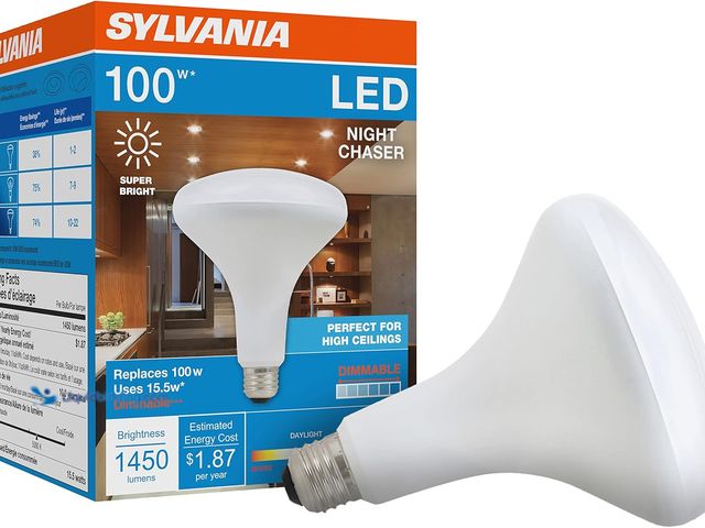 Lot 49-5477698 - Sylvania Night Chaser LED BR30 Light Bulb, 100W = 15.5W, Dimmable, 10 Year, Super Bright, 1450 Lumen...