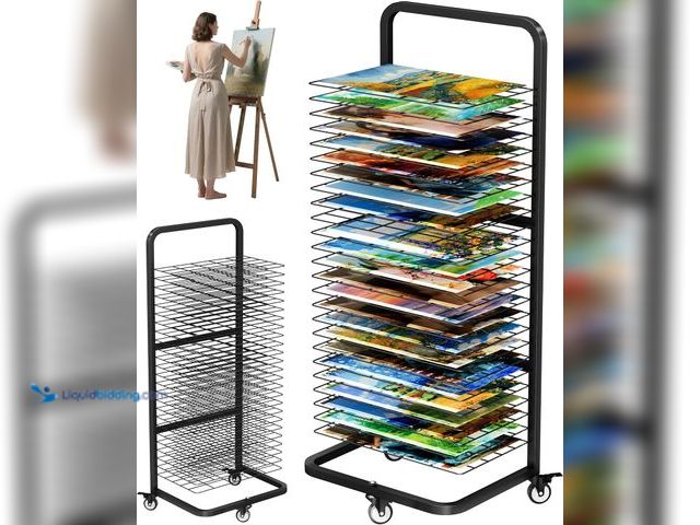 Lot 49-5484452 - Art Drying Rack with 25 Removable Shelves, Mobile Metal Paint Drying Stand with Lockable Wheels, Fun...