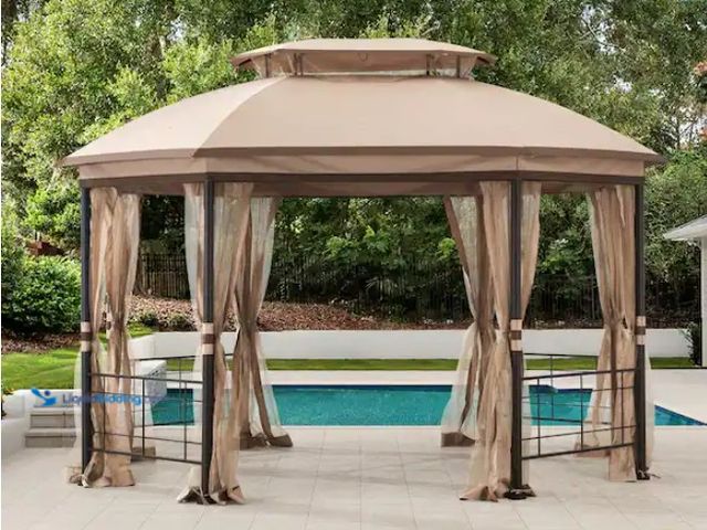 Lot 49-1547650 - Hampton Bay Seagrove 12 ft. x 10 ft. Octagonal Steel Frame Gazebo with Tan Canopy, Model # A10101490...