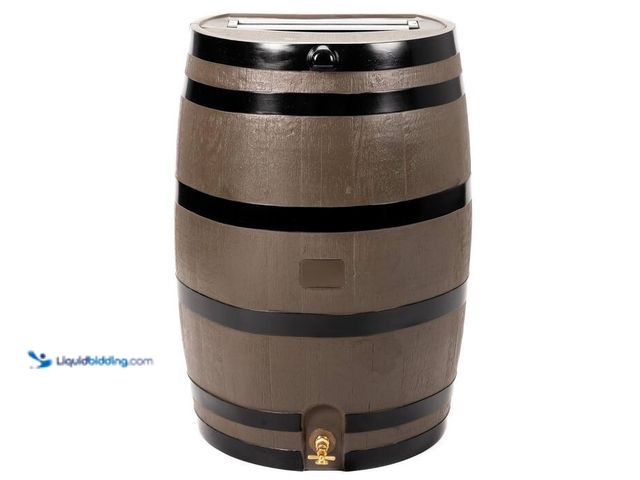 Lot 49-2000675 - RTS Home Accents 50 Gal. Rain Barrel Woodgrain with Black Stripes Color with Brass Spigot, Model # 5...