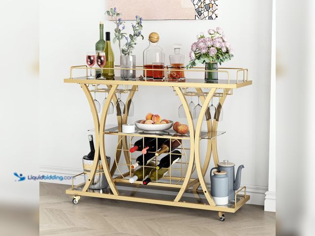 Lot 49-5484516 - Gold Bar Carts with Glass Holders & Wine Rack,3 Tier Home Bar Serving Carts with Glass Shelves,Metal...
