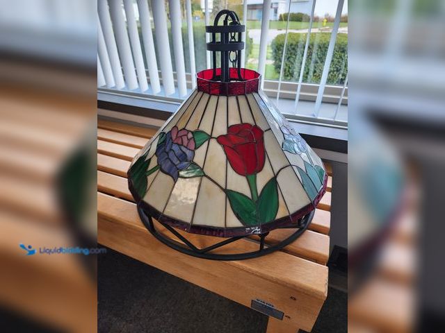 Lot 49-1816015 - 1 Rose Hanging Light Stain Glass vintage stained glass wrought iron chandelier lamp as seen. The lam...