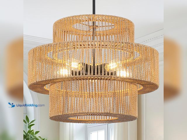 Lot 49-5437749 - 22" Boho Hand Woven Rattan Chandelier Light Fixture, 5-Lights Farmhouse Pendant Light for Kitchen Is...