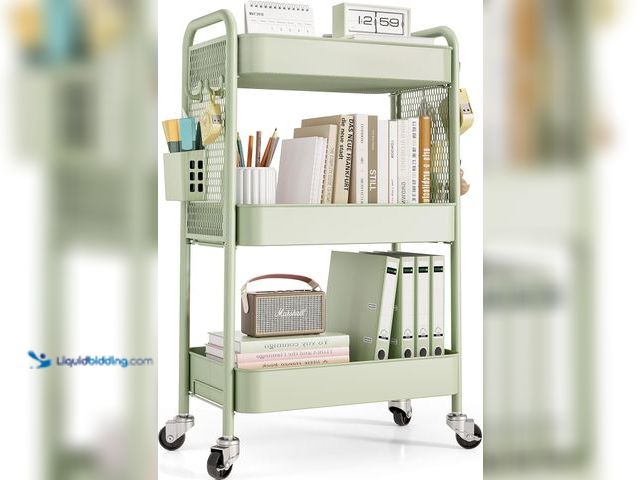 Lot 49-5448255 - TOOLF 3 Tier Rolling Cart Storage Organizer, Metal Rolling Utility Cart with Wheels, Hooks & Bins Es...