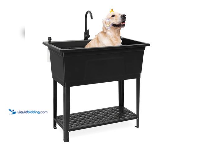 Lot 49-1578413 - ROVSUN 40" X 24" Heavy Duty Plastic Laundry Tub with Storage Shelf, Black, Model # G47001283, Slight...