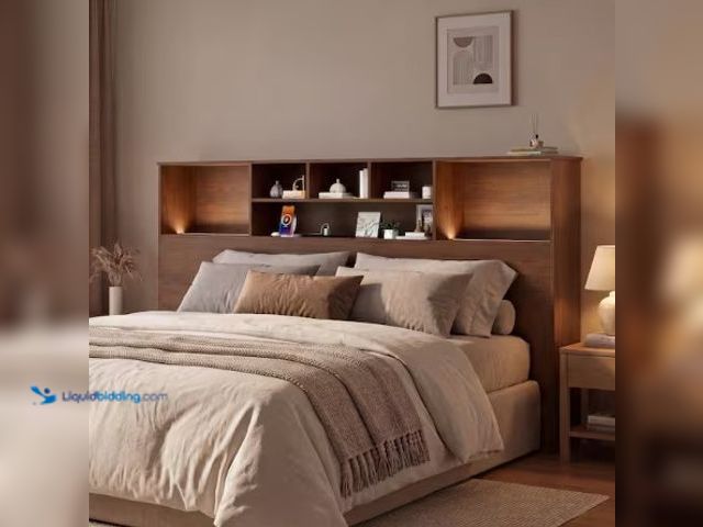 Lot 49-2022693 - TECHMILLY Bookcase Headboard with Charging Station-King Headboard with LED Lights, Freestanding Stor...
