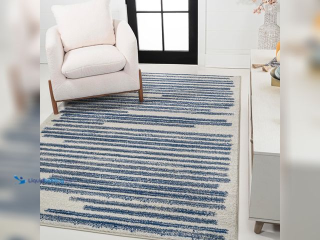 Lot 49-3532231 - JONATHAN Y Khalil Modern Berber Stripe Cream/Navy Indoor Area Rug, 5x8, Contemporary, Bohemian, Easy...