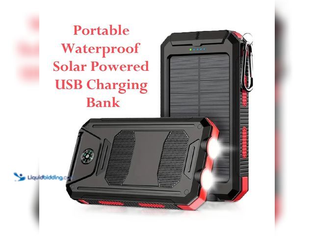 Lot 49-1616278 - Portable Waterproof Solar Powered USB Charging Bank with Dual Output, Compass and Dual LED Flashligh...