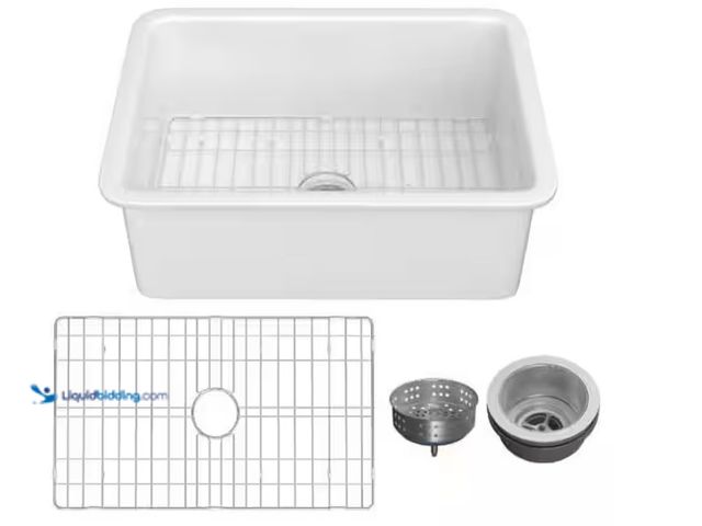 Lot 49-3431545 - INNOBULE Kitchen Sink 27 in. Drop-In/Undermount Single Bowl White Fireclay with Bottom Grid and Bask...