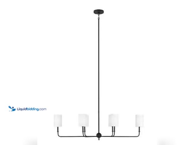 Lot 49-1517115 - Foxdale 6-Light Midnight Black Linear Chandelier with White Linen Fabric Shades, Model # 3609306-112...