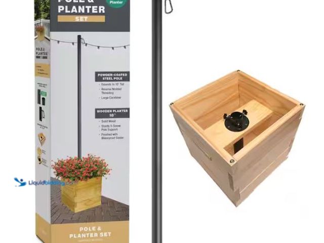 Lot 49-1624358 - EXCELLO GLOBAL PRODUCTS 10 ft. Premium String Light Pole and Extra Large 18 in. Natural Wooden Plant...