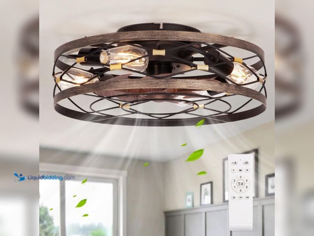 Lot 49-3566701 - Small Fandelier Caged Ceiling Fan with Light, Farmhouse Low Profile Flush Mount Ceiling Fans with Li...