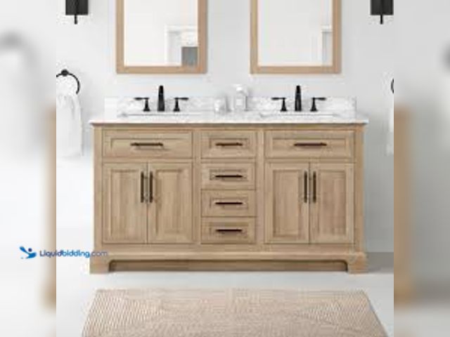Lot 49-5414710 - Doveton 60 in. Double Sink Freestanding Weathered Tan Bath Vanity with White Engineered Marble Top (...