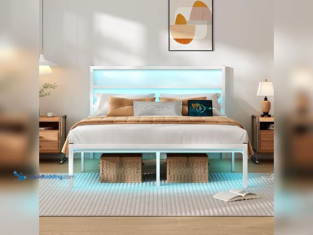 Lot 49-5545021 - CLIBFENG Full Size Bed Frame with Headboard,Heavy Duty Steel Slats Support-LED Bed Frame with USB Ch...