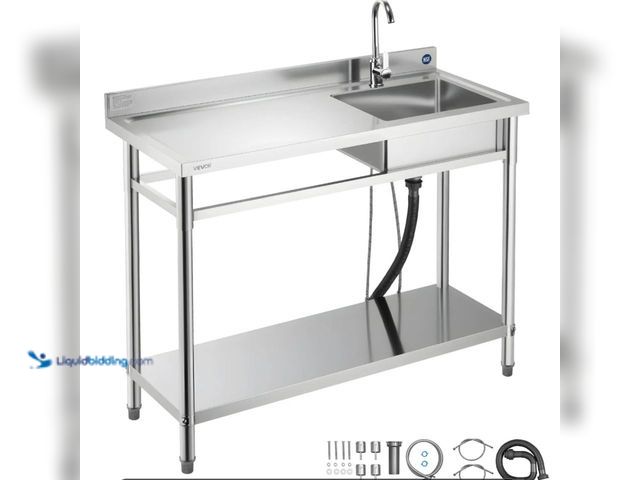 Lot 49-1623552 - VEVOR Stainless Steel Utility Sink, Free Standing Single Bowl Commercial Kitchen Sink with Faucet, U...