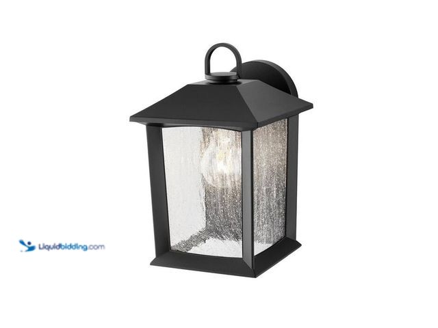 Lot 49-2021913 - Hampton Bay Ashton 10.87 in. 1-Light Black Hardwired Outdoor Wall Light Lantern Sconce with Seeded G...