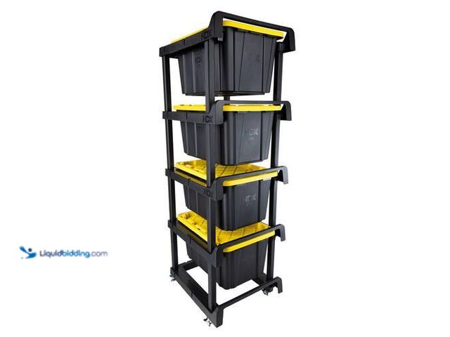 Lot 49-2024429 - HDX 4 Tier Plastic Shelving Tote Stacker with Casters in Black (24.8 in. W x 78.1 in. H x 29.6 in. D...