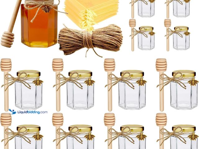 Lot 49-5487453 - Adabocute 4oz Hexagonal Honey Jars - Glass Honey Jars with Gold Lids, Wooden Dippers, Bee Charms and...