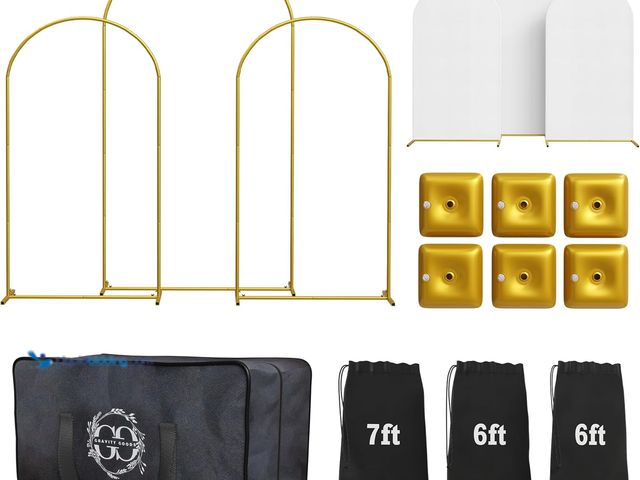 Lot 49-5410626 - Metal Arch Backdrop Stand and Cover Set – 3 Gold Frames (7.2ft, 6ft x2) with White Wrinkle-Free Span...