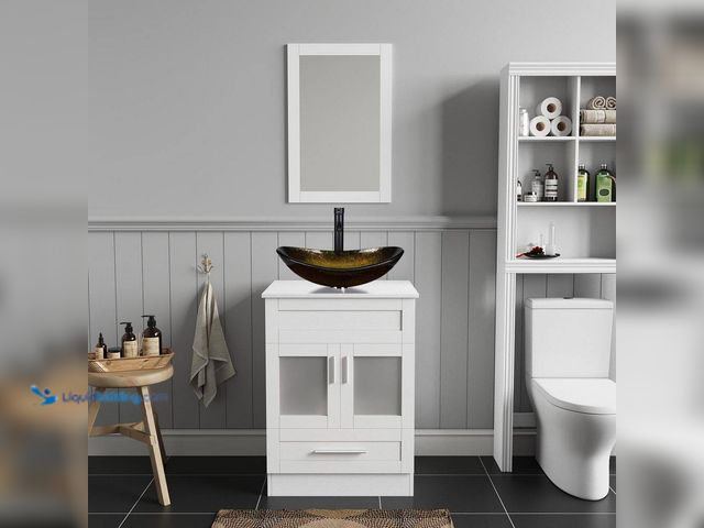 Lot 49-3537923 - Puluomis
24 in. W x 19 in. D x 33 in. H Single Sink White Bath Vanity with Black/Gold Solid Surface...