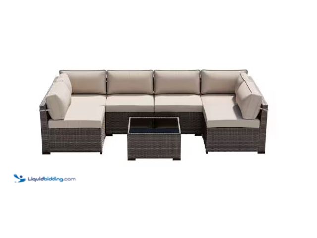 Lot 49-5510603 - 7-Piece Brown Wicker Outdoor Patio Sectional Set with Beige Cushions Internet # 334759301
Model # M...
