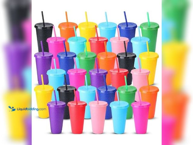 Lot 49-3473770 - 36 Pcs Glitter Reusable Tumbler with Straws and Lids, Plastic Cup with Lids and Straws Bulk, Water B...
