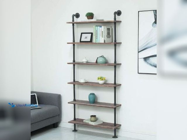 Lot 49-5436667 - Industrial Pipe Shelving Bookshelf Rustic Modern Wood Ladder Storage Shelf 6 Tiers Retro Wall Mount ...