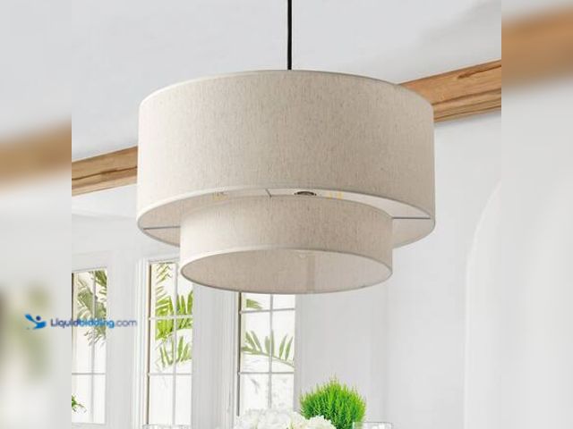 Lot 49-5546351 - aiwen Modern 20 in. 3-Light Drum Chandelier Hanging Lamp Fixture with 2-Tier Linen Fabrics Lampshade...