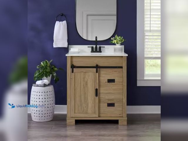 Lot 49-1569772 - Glacier Bay Brindley 30 in. Single Sink Freestanding Aged Oak Bath Vanity with White Engineered Ston...