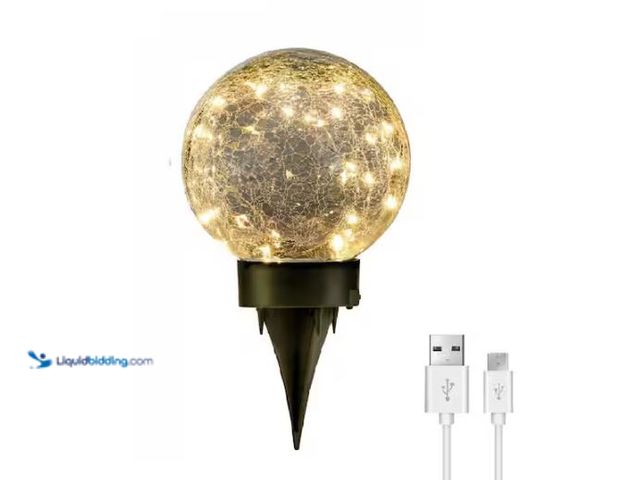 Lot 49-1627115 - Lot of (3) Deck Impressions Black Solar Weather Resistant Glass Crackle Globe Path Light with USB Ch...