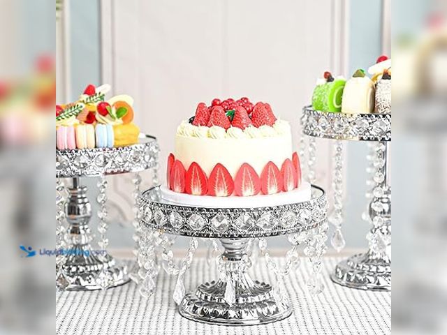 Lot 49-3528674 - 3 Pcs Silver Cake Stand Set,Round Cake Stand with Crystal Bling Pendants & Mirrored Base,Elegant Sil...