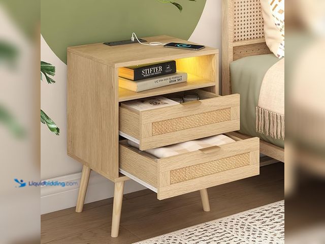 Lot 49-1568817 - Halitaa Rattan Nightstand with Charging Station USB Port Led Lights and 2 Storage Drawers, Bedroom F...