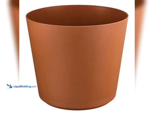 Lot 49-5553144 - QTY 2 - Vigoro Kyra Large Clay Plastic Round Planter with Attached Saucer (20 in. L x 20 in. W x 17....