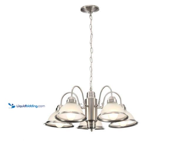 Lot 49-5406858 - Hampton Bay Halophane 5-Light Brushed Nickel Chandelier with Frosted Ribbed Glass Shades, Model # WB...