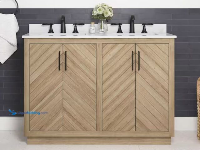 Lot 49-1530759 - Glacier Bay Huckleberry 48 in. Double Sink Weathered Tan Bath Vanity with White Engineered Marble To...