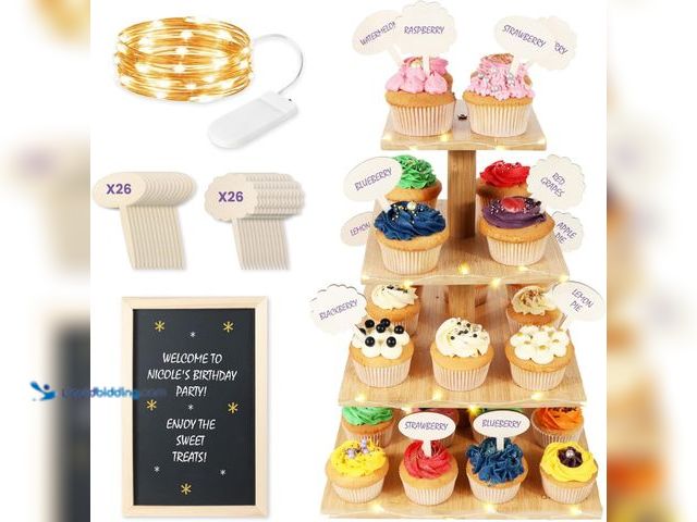 Lot 49-5409769 - 4 Tier Premium Bamboo Cupcake Stand for 24 Cupcakes - Elegant Wood Cake Stand with Mini Chalkboard &...